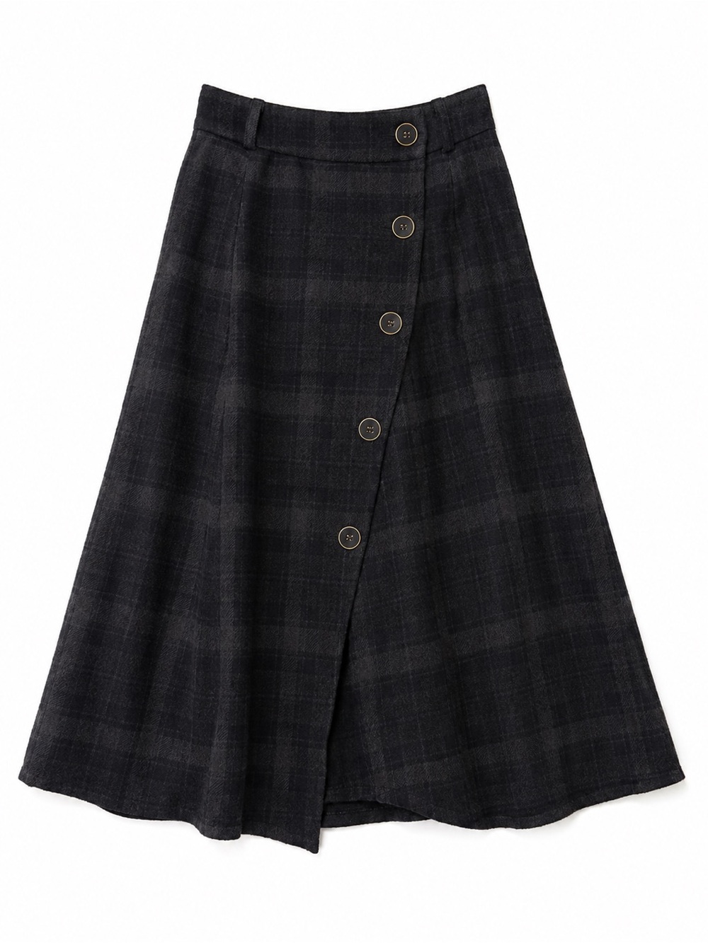 Brora Plaid Black A-Line Midi Skirt with Asymmetric Button Front